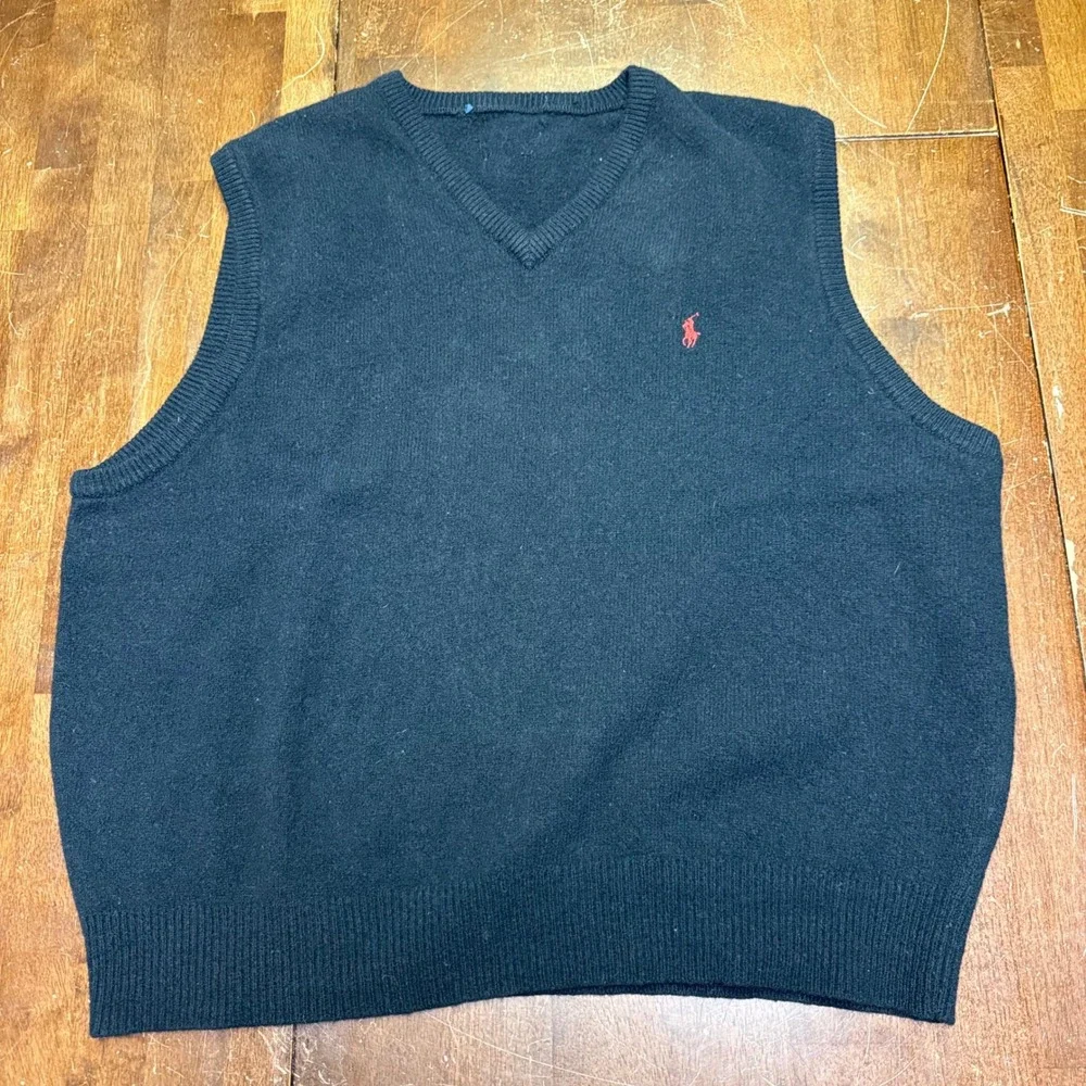 Polo Ralph Lauren 100% Wool Sweater Vest Mens Medium Black Red Pony V-Neck Knit